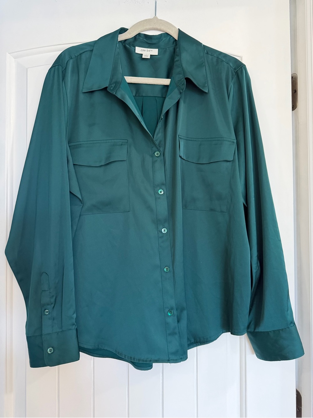 Emerald Green Silky Button-Front Blouse